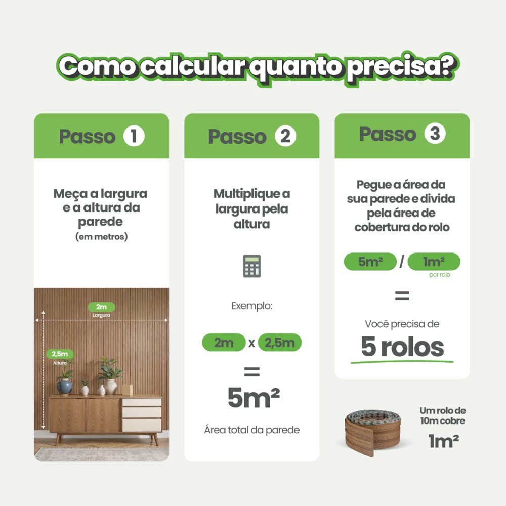 Como calcular quantas peças precisa: largura x altura da parede dividido por 1 m² por rolo