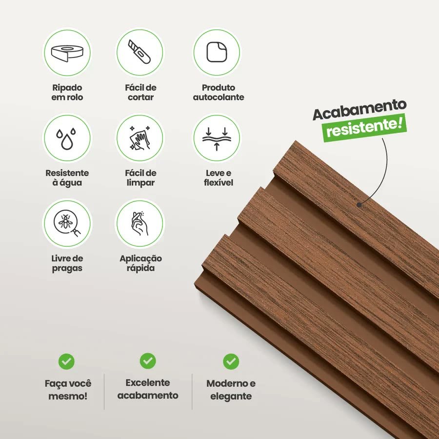 Vantagens: ripado em rolo, fácil de cortar, autocolante, resistente à água, fácil de limpar, leve e flexível, livre de pragas, aplicação rápida